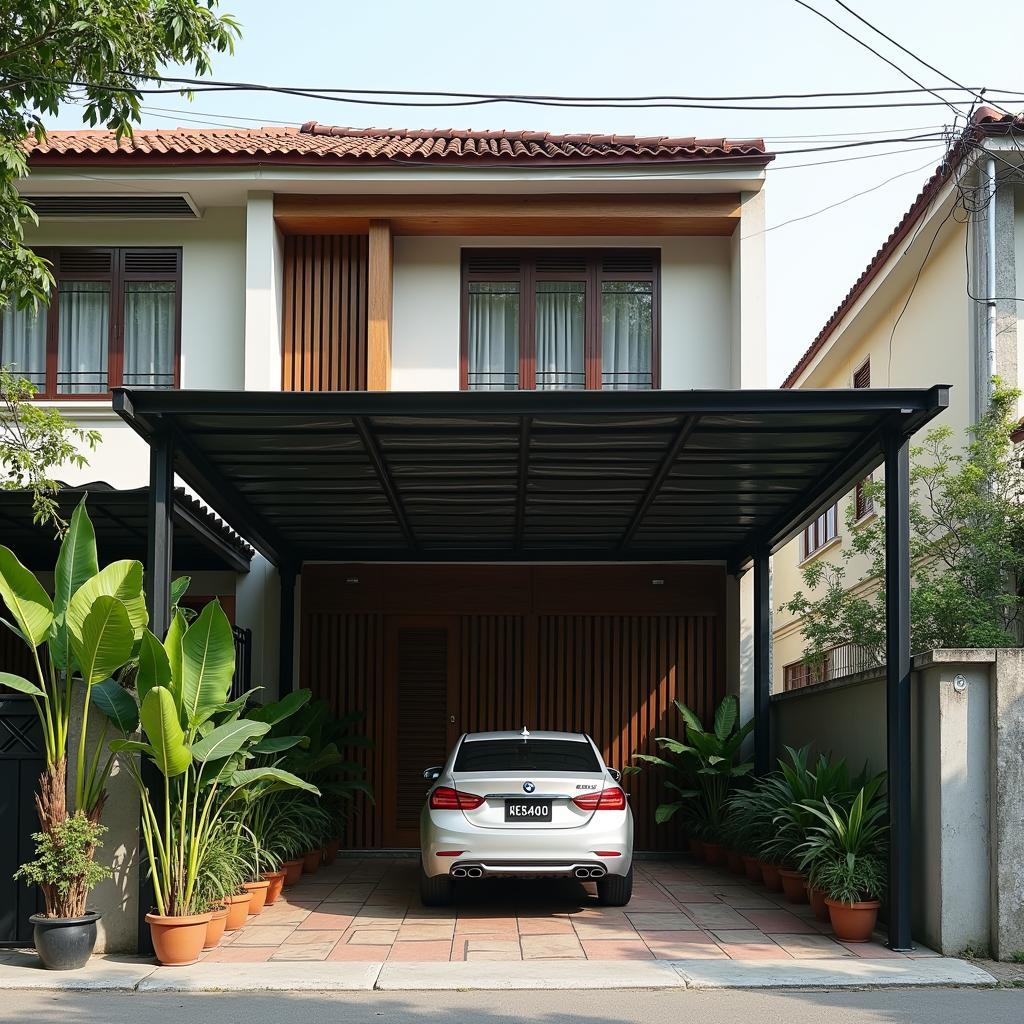Thiết kế mái tôn giả ngói đẹp mắt cho sân trước nhà phố, phù hợp kiến trúc Quận 12